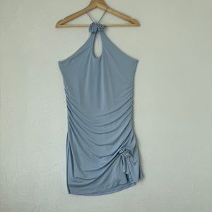 Meshki Women's Blue Y2K Open Cut Out Rosette cross strap Mini Dress Size XL